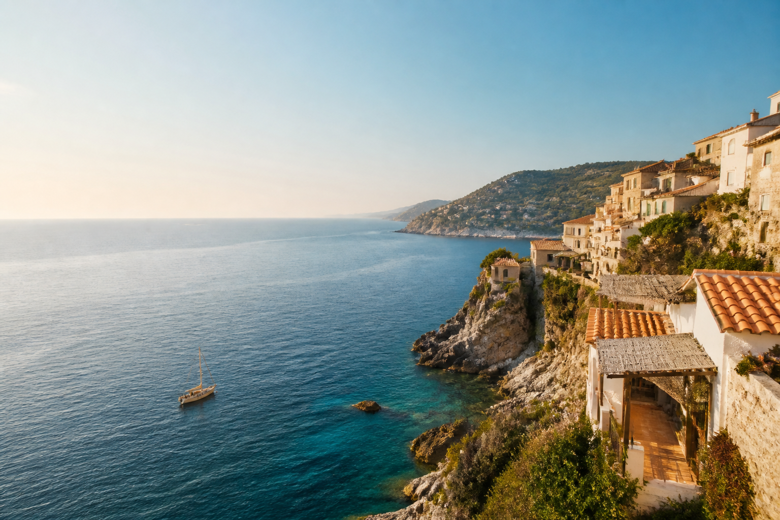 A sunlit coastal village overlooking a turquoise sea
