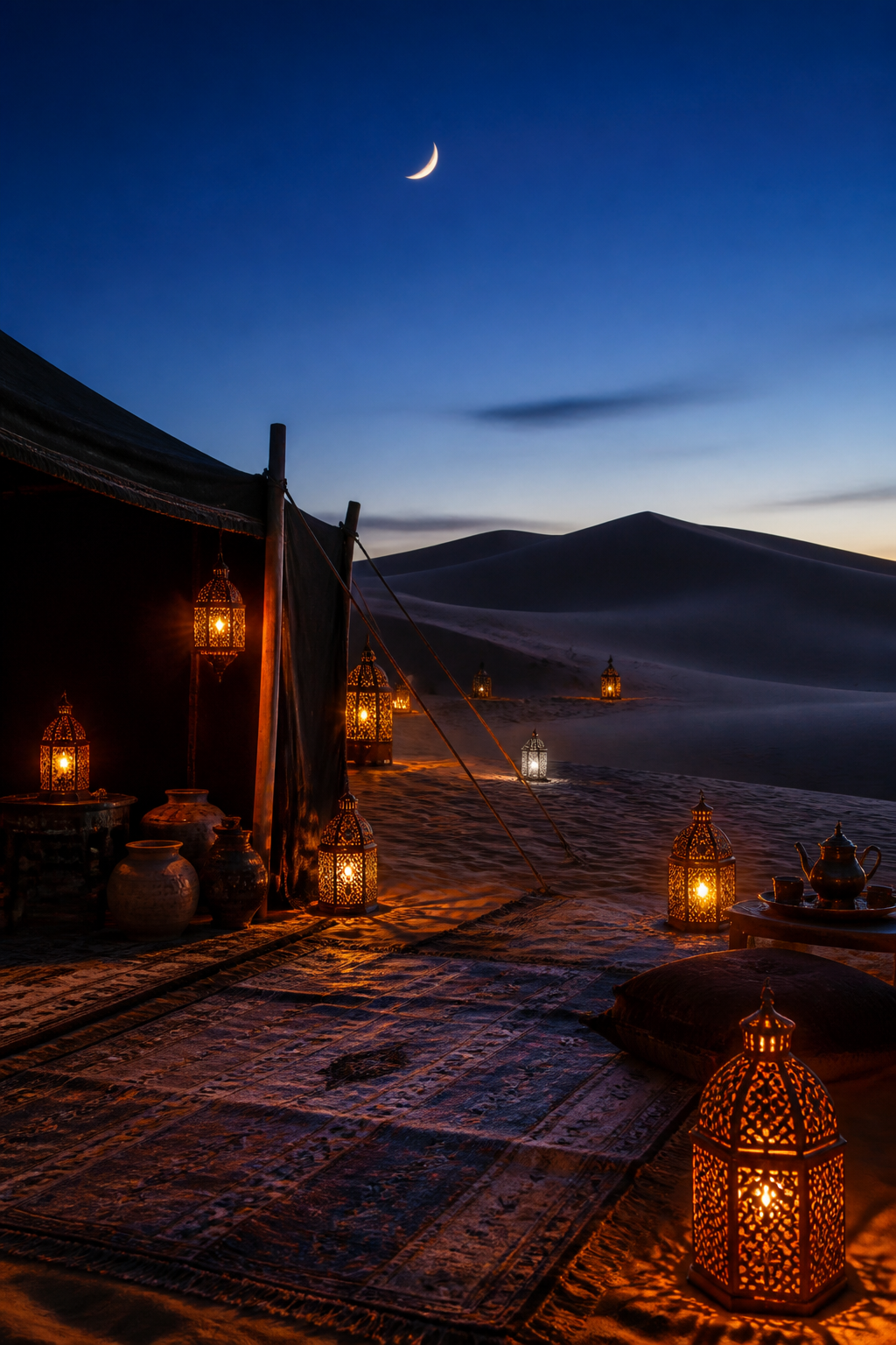 A lantern-lit desert camp at blue hour